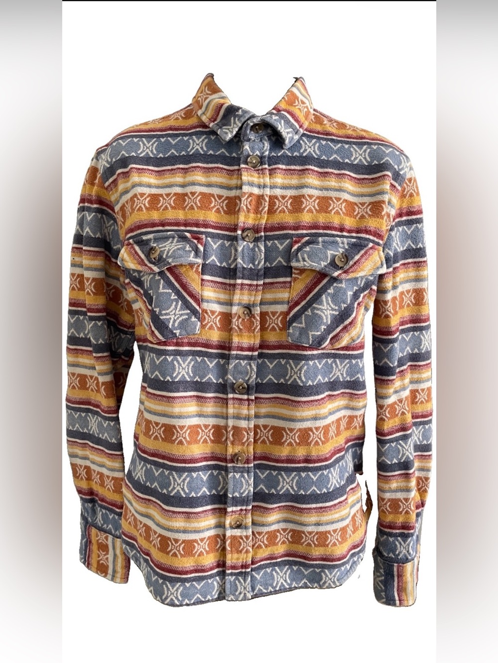 Marine Layer Striped Pattern Utility Jacket in Blue, Gold, Brown